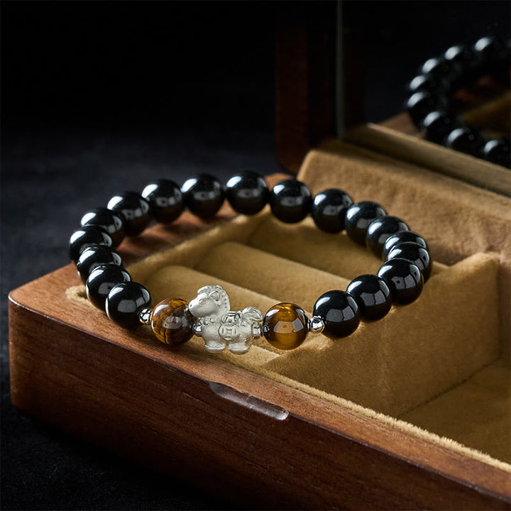 Buddha Stones ​​Jahr des Pferdes 999 Sterling Silber Pferdeanhänger Schwarzer Obsidian Tigerauge Stärke-Armband - image 2