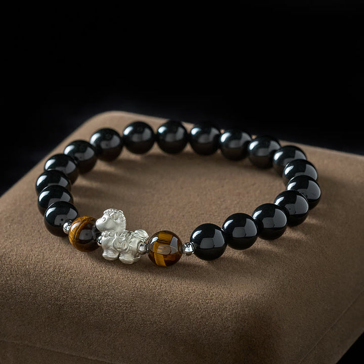 Buddha Stones ​​Jahr des Pferdes 999 Sterling Silber Pferdeanhänger Schwarzer Obsidian Tigerauge Stärke-Armband - 10 mm - image 0