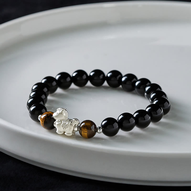 Buddha Stones ​​Jahr des Pferdes 999 Sterling Silber Pferdeanhänger Schwarzer Obsidian Tigerauge Stärke-Armband - image 3