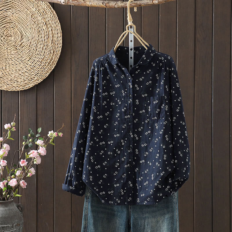 Buddha Stones Herbst Kleines Blumenmuster Knöpfe Down Design Langarm Damen Baumwollhemd - SteelBlue - US 8-10, UK/AU 12-14, EU 40-42 (2XL) - image 0