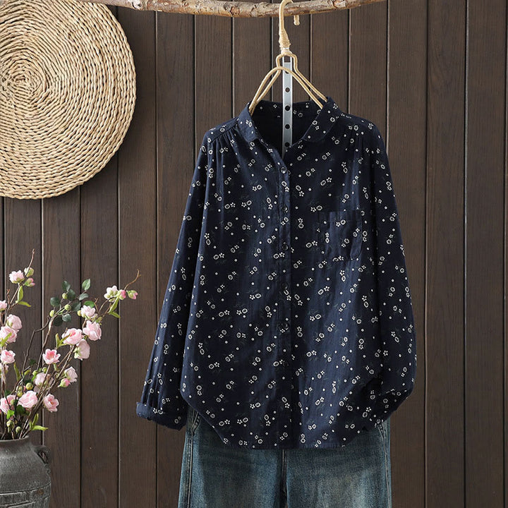 Buddha Stones Herbst Kleines Blumenmuster Knöpfe Down Design Langarm Damen Baumwollhemd - SteelBlue - US 8-10, UK/AU 12-14, EU 40-42 (2XL) - image 0