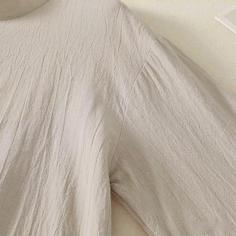 Buddha Stones Fall Plain Crew Neck Back Three Button Design Women's Cotton Long Sleeve Shirt - image 5