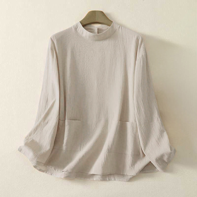 Buddha Stones Fall Plain Crew Neck Back Three Button Design Women's Cotton Long Sleeve Shirt - Beige - US 8-10, UK/AU 12-14, EU 40-42 (2XL) - image 0
