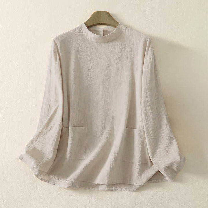 Buddha Stones Fall Plain Crew Neck Back Three Button Design Women's Cotton Long Sleeve Shirt - Beige - US 8-10, UK/AU 12-14, EU 40-42 (2XL) - image 0
