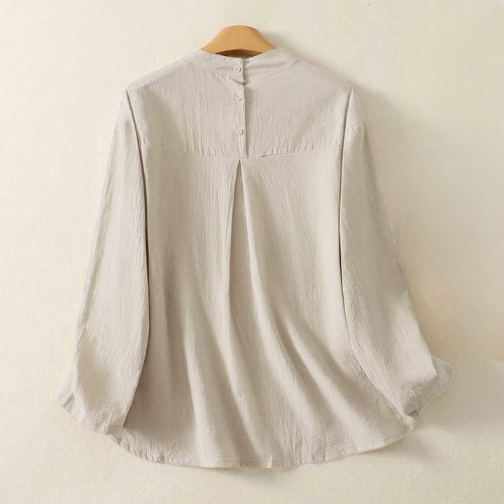 Buddha Stones Fall Plain Crew Neck Back Three Button Design Women's Cotton Long Sleeve Shirt - image 1