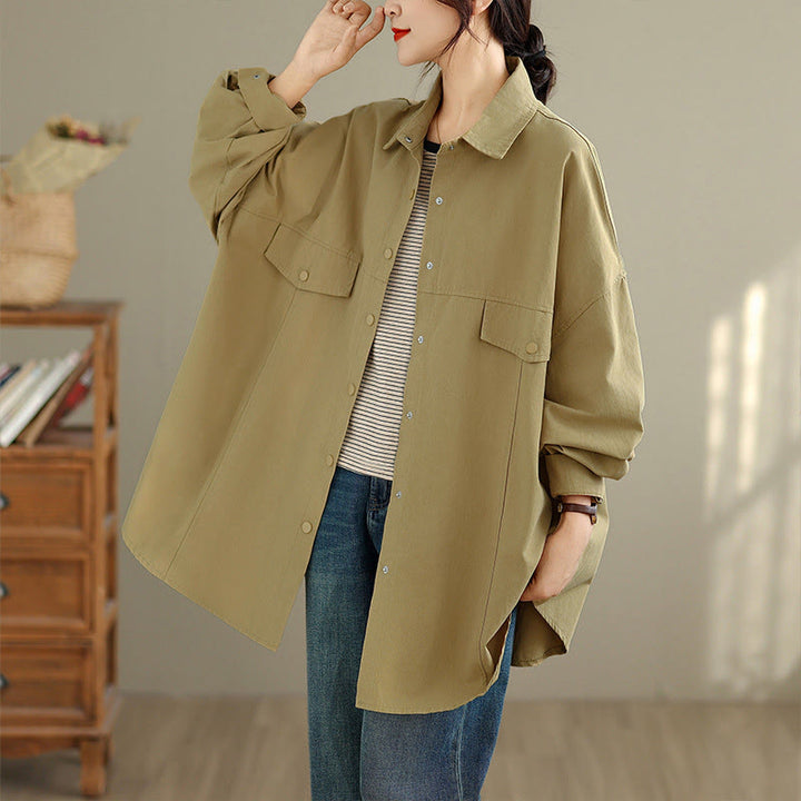 Buddha Stones Herbstliche, einfarbige, schlichte Damen-Baumwolljacke mit Reversknopf und langen Ärmeln - Dunkelkhaki - US14, UK/AU18, EU46 (2XL) - image 11