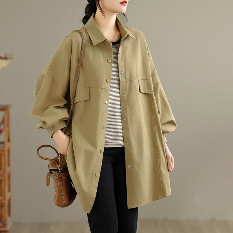 Buddha Stones Herbstliche, einfarbige, schlichte Damen-Baumwolljacke mit Reversknopf und langen Ärmeln - image 13