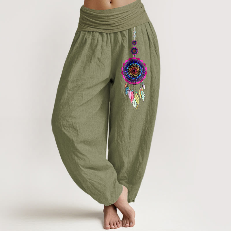 Buddha Stones Bunte Traumfänger-Muster, Damen-Haremshose aus reiner Baumwolle mit elastischem Bund. - Olivgrün - US16, UK/AU20, EU48 (3XL) - image 14