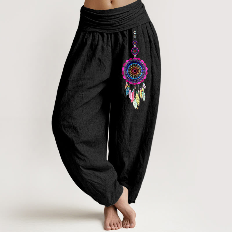 Buddha Stones Bunte Traumfänger-Muster, Damen-Haremshose aus reiner Baumwolle mit elastischem Bund. - Schwarz - US16, UK/AU20, EU48 (3XL) - image 0