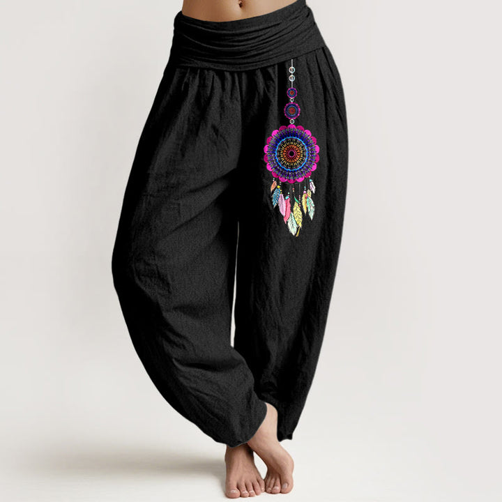 Buddha Stones Bunte Traumfänger-Muster, Damen-Haremshose aus reiner Baumwolle mit elastischem Bund. - Schwarz - US16, UK/AU20, EU48 (3XL) - image 0
