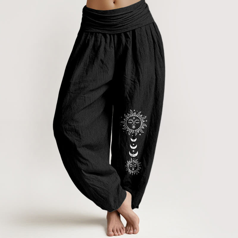Buddha Stones Damen-Haremshose aus reiner Baumwolle mit böhmischem Sonnen- und Mondmuster, elastischem Bund und elegantem Design. - Schwarz - US16, UK/AU20, EU48 (3XL) - image 5