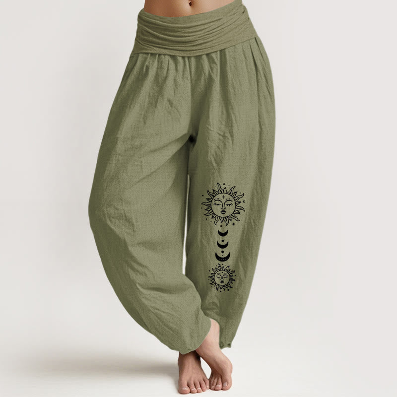 Buddha Stones Damen-Haremshose aus reiner Baumwolle mit böhmischem Sonnen- und Mondmuster, elastischem Bund und elegantem Design. - Olivgrün - US16, UK/AU20, EU48 (3XL) - image 14