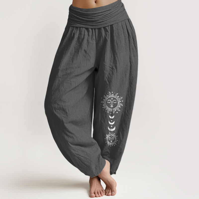 Buddha Stones Damen-Haremshose aus reiner Baumwolle mit böhmischem Sonnen- und Mondmuster, elastischem Bund und elegantem Design. - DimGray - US16, UK/AU20, EU48 (3XL) - image 0