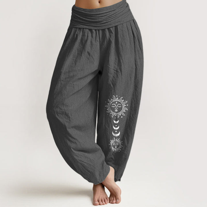 Buddha Stones Damen-Haremshose aus reiner Baumwolle mit böhmischem Sonnen- und Mondmuster, elastischem Bund und elegantem Design. - DimGray - US16, UK/AU20, EU48 (3XL) - image 0