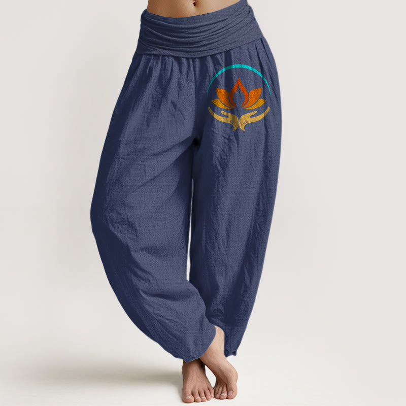 Buddha Stones Damen-Haremshose aus reiner Baumwolle mit Lotus-Buddha-Symbolmuster und elastischem Bund, aus reinem Baumwollstoff - Dunkelschieferblau - US16, UK/AU20, EU48 (3XL) - image 5