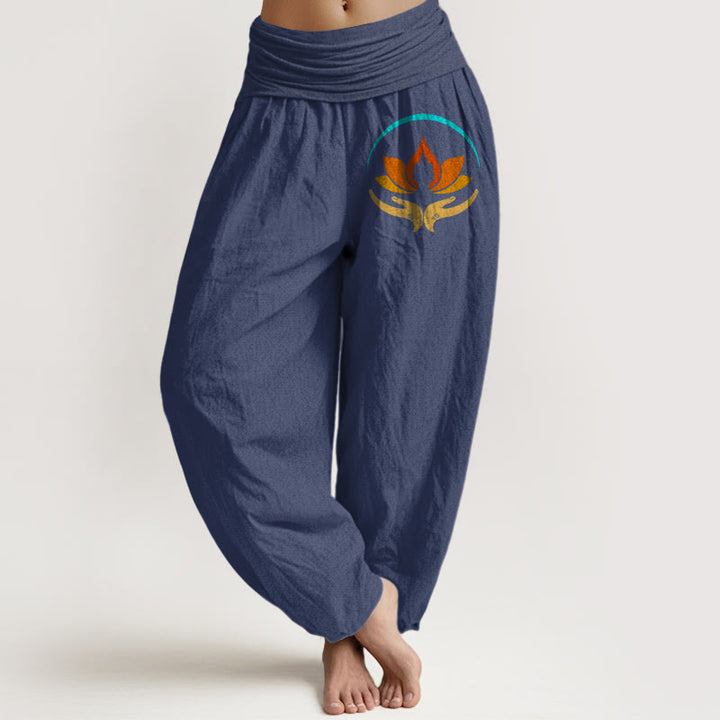 Buddha Stones Damen-Haremshose aus reiner Baumwolle mit Lotus-Buddha-Symbolmuster und elastischem Bund, aus reinem Baumwollstoff - Dunkelschieferblau - US16, UK/AU20, EU48 (3XL) - image 5