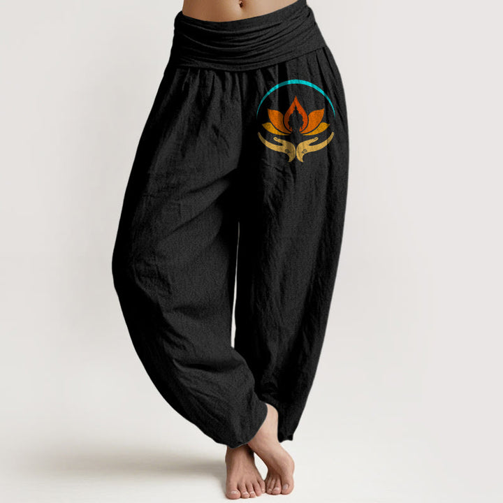 Buddha Stones Damen-Haremshose aus reiner Baumwolle mit Lotus-Buddha-Symbolmuster und elastischem Bund, aus reinem Baumwollstoff - Schwarz - US16, UK/AU20, EU48 (3XL) - image 0