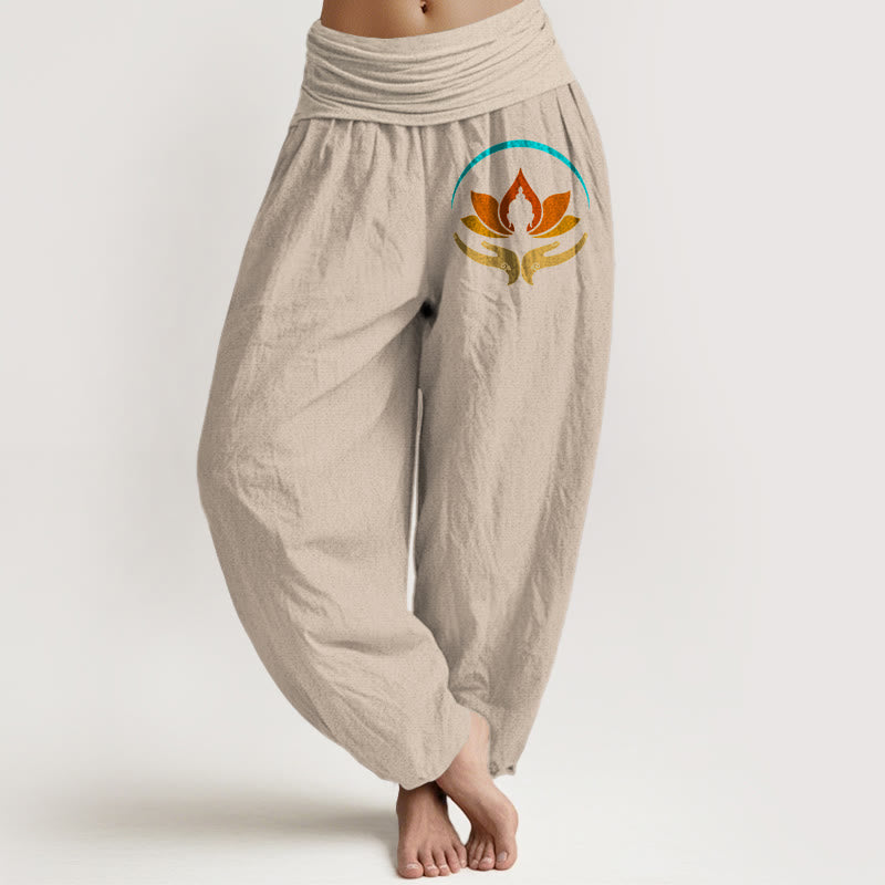 Buddha Stones Damen-Haremshose aus reiner Baumwolle mit Lotus-Buddha-Symbolmuster und elastischem Bund, aus reinem Baumwollstoff - Bräunen - US16, UK/AU20, EU48 (3XL) - image 11