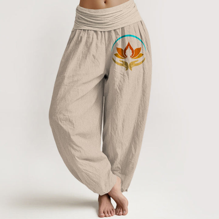 Buddha Stones Damen-Haremshose aus reiner Baumwolle mit Lotus-Buddha-Symbolmuster und elastischem Bund, aus reinem Baumwollstoff - Bräunen - US16, UK/AU20, EU48 (3XL) - image 11