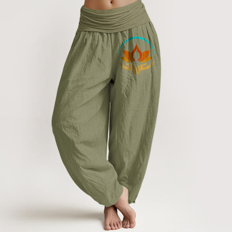 Buddha Stones Damen-Haremshose aus reiner Baumwolle mit Lotus-Buddha-Symbolmuster und elastischem Bund, aus reinem Baumwollstoff - Olivgrün - US16, UK/AU20, EU48 (3XL) - image 14