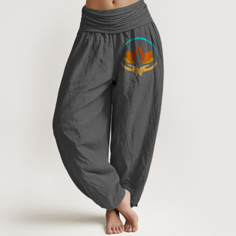 Buddha Stones Damen-Haremshose aus reiner Baumwolle mit Lotus-Buddha-Symbolmuster und elastischem Bund, aus reinem Baumwollstoff - DimGray - US16, UK/AU20, EU48 (3XL) - image 8