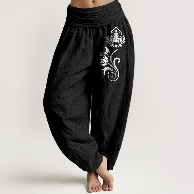 Buddha Stones Haremshose aus reiner Baumwolle mit sitzendem Buddha-Motiv und Lotusblumenmuster, elastischem Bund und lässigem Schnitt. - Schwarz - US16, UK/AU20, EU48 (3XL) - image 5