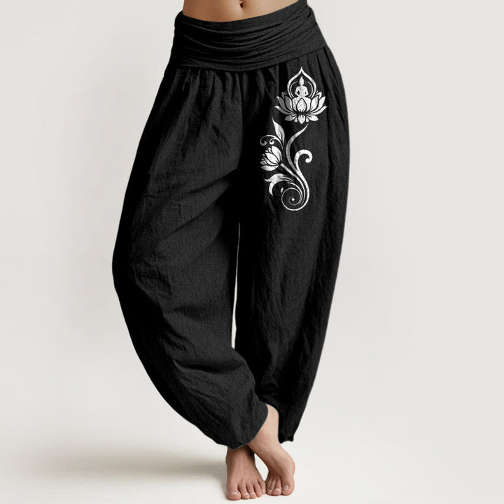 Buddha Stones Haremshose aus reiner Baumwolle mit sitzendem Buddha-Motiv und Lotusblumenmuster, elastischem Bund und lässigem Schnitt. - Schwarz - US16, UK/AU20, EU48 (3XL) - image 5