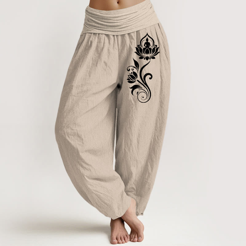 Buddha Stones Haremshose aus reiner Baumwolle mit sitzendem Buddha-Motiv und Lotusblumenmuster, elastischem Bund und lässigem Schnitt. - Bräunen - US16, UK/AU20, EU48 (3XL) - image 11