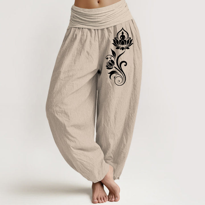 Buddha Stones Haremshose aus reiner Baumwolle mit sitzendem Buddha-Motiv und Lotusblumenmuster, elastischem Bund und lässigem Schnitt. - Bräunen - US16, UK/AU20, EU48 (3XL) - image 11