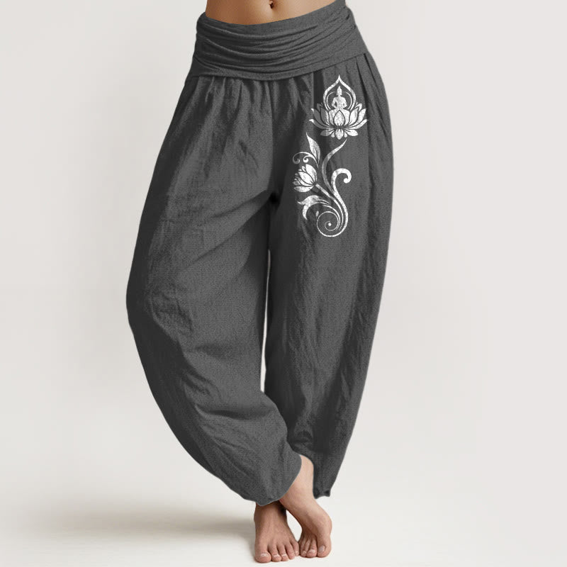 Buddha Stones Haremshose aus reiner Baumwolle mit sitzendem Buddha-Motiv und Lotusblumenmuster, elastischem Bund und lässigem Schnitt. - DimGray - US16, UK/AU20, EU48 (3XL) - image 8
