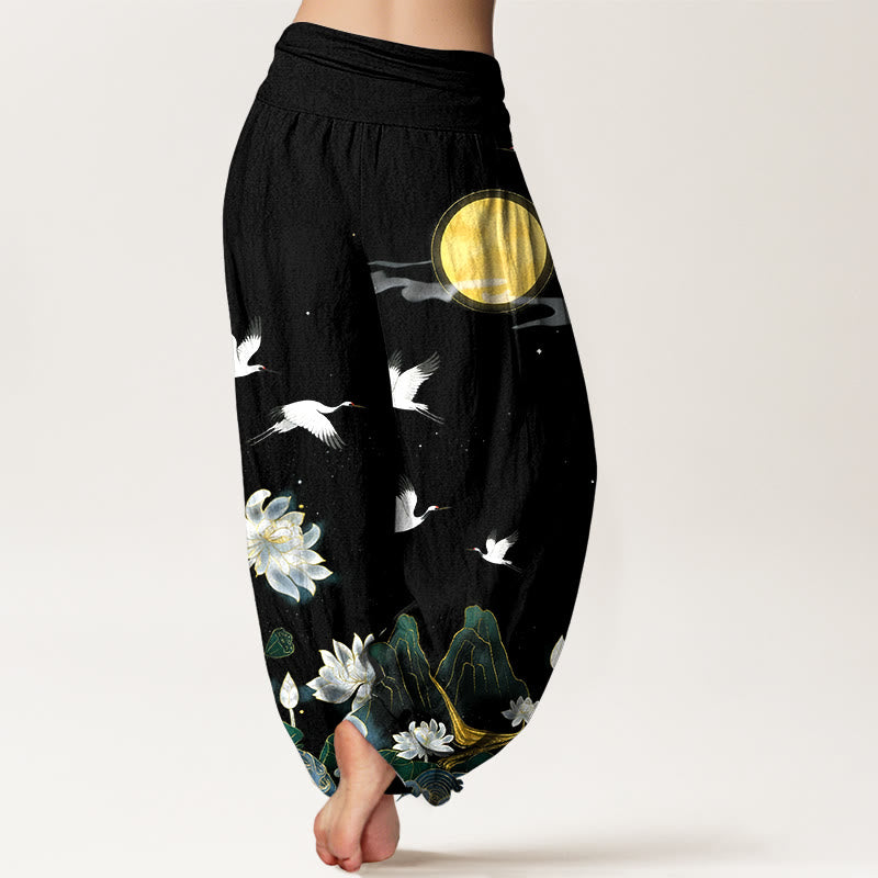 Buddha Stones Haremshose aus reiner Baumwolle mit Kranich-, Lotus- und Mondmotiv sowie elastischem Bund für Damen. - image 1