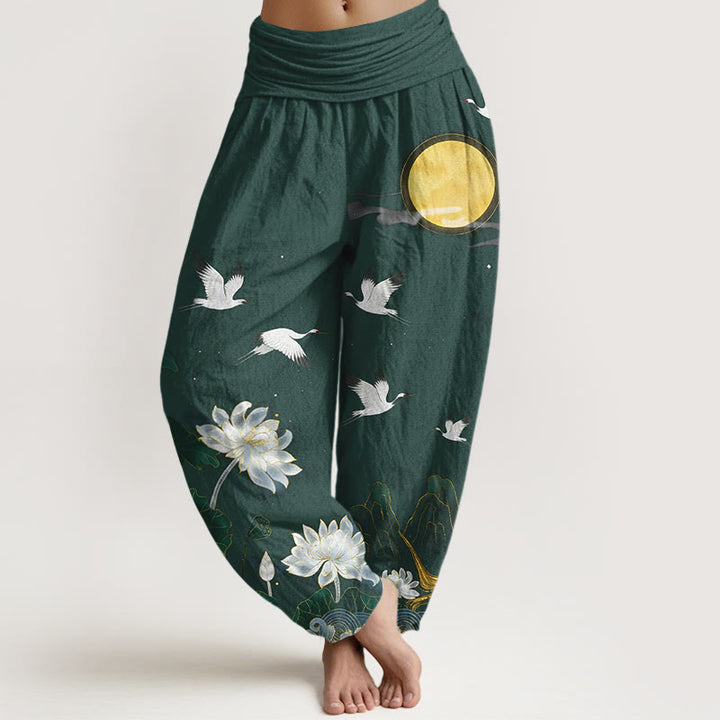 Buddha Stones Haremshose aus reiner Baumwolle mit Kranich-, Lotus- und Mondmotiv sowie elastischem Bund für Damen. - Dunkelgrau - US16, UK/AU20, EU48 (3XL) - image 5