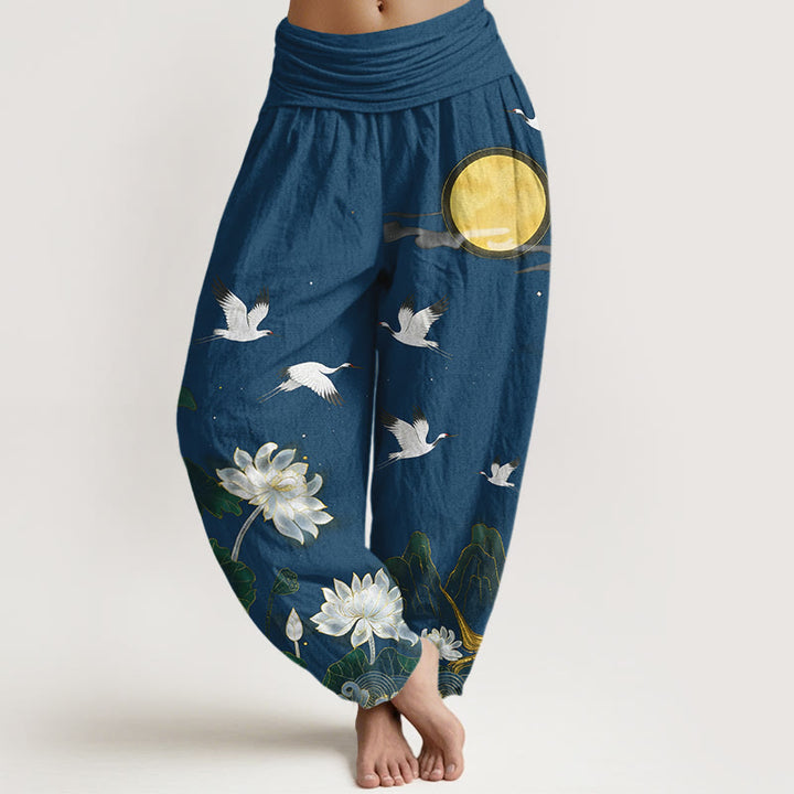 Buddha Stones Haremshose aus reiner Baumwolle mit Kranich-, Lotus- und Mondmotiv sowie elastischem Bund für Damen. - SteelBlue - US16, UK/AU20, EU48 (3XL) - image 8