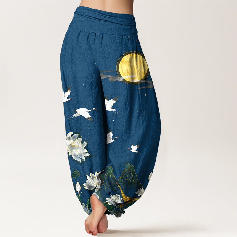 Buddha Stones Haremshose aus reiner Baumwolle mit Kranich-, Lotus- und Mondmotiv sowie elastischem Bund für Damen. - image 9