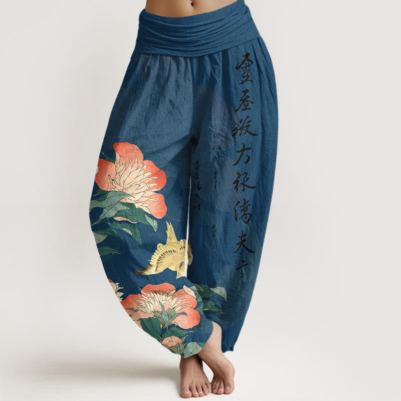 Buddha Stones Damen-Haremshose aus reiner Baumwolle mit Pfingstrosen-Kalligrafie und elastischem Bund - SteelBlue - US16, UK/AU20, EU48 (3XL) - image 0