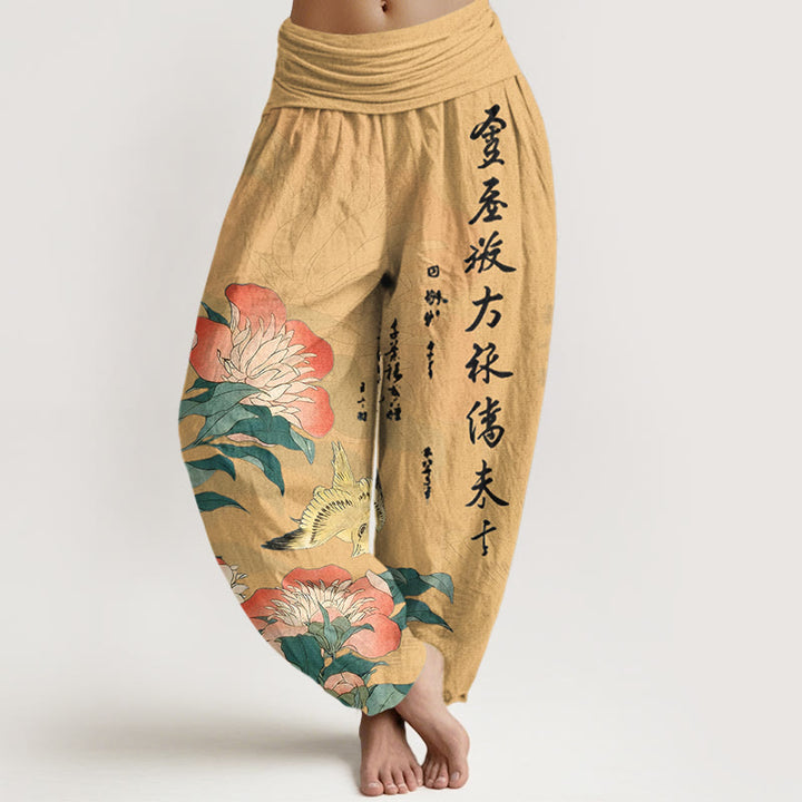 Buddha Stones Damen-Haremshose aus reiner Baumwolle mit Pfingstrosen-Kalligrafie und elastischem Bund - Mokassin - US16, UK/AU20, EU48 (3XL) - image 5