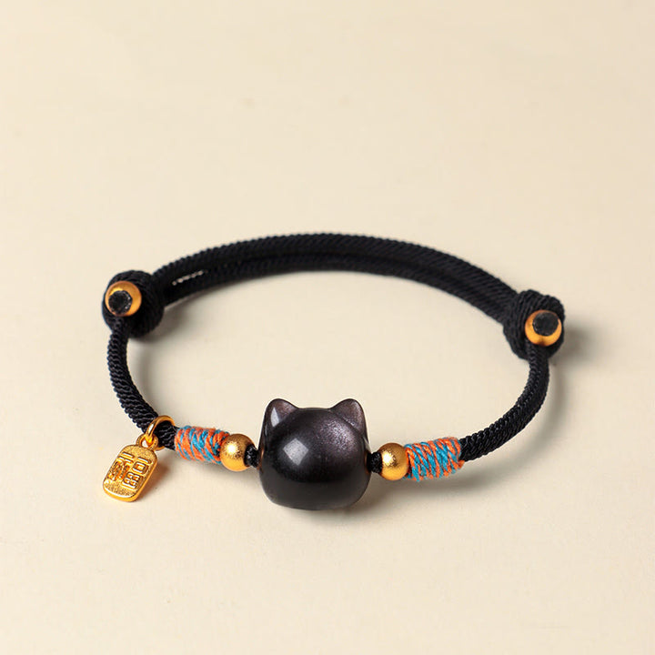 Buddha Stones Armband mit Katzenmotiv, silberglänzendem Obsidian und rosa Kristallen - image 2