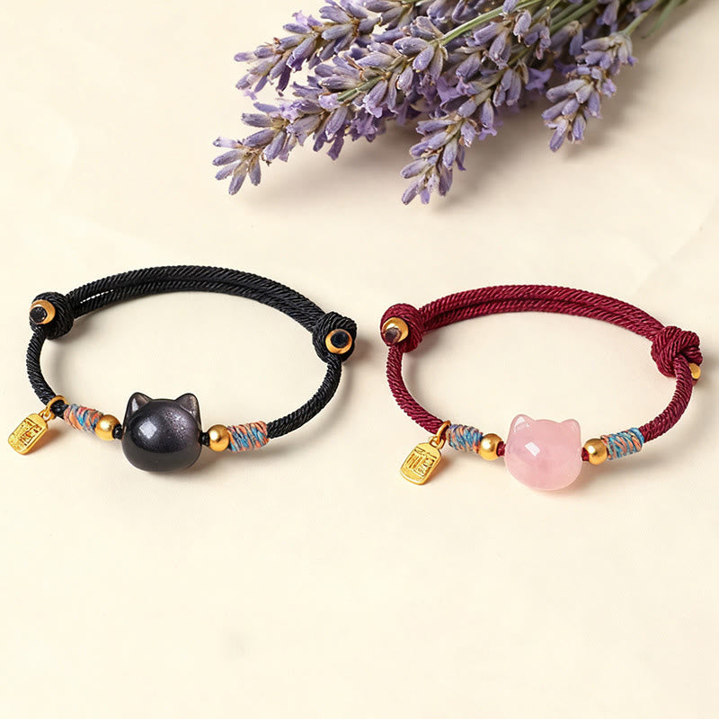 Buddha Stones Armband mit Katzenmotiv, silberglänzendem Obsidian und rosa Kristallen - image 17