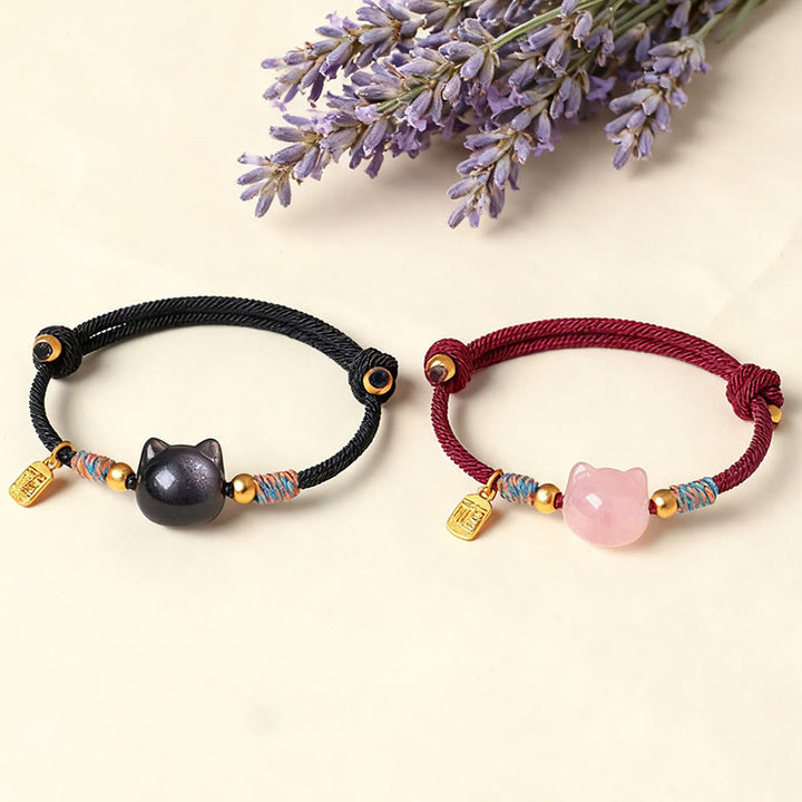 Buddha Stones Armband mit Katzenmotiv, silberglänzendem Obsidian und rosa Kristallen - image 17