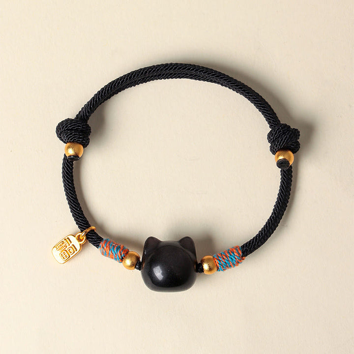 Buddha Stones Armband mit Katzenmotiv, silberglänzendem Obsidian und rosa Kristallen - image 3