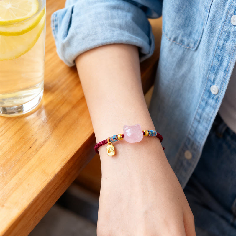 Buddha Stones Armband mit Katzenmotiv, silberglänzendem Obsidian und rosa Kristallen - image 15