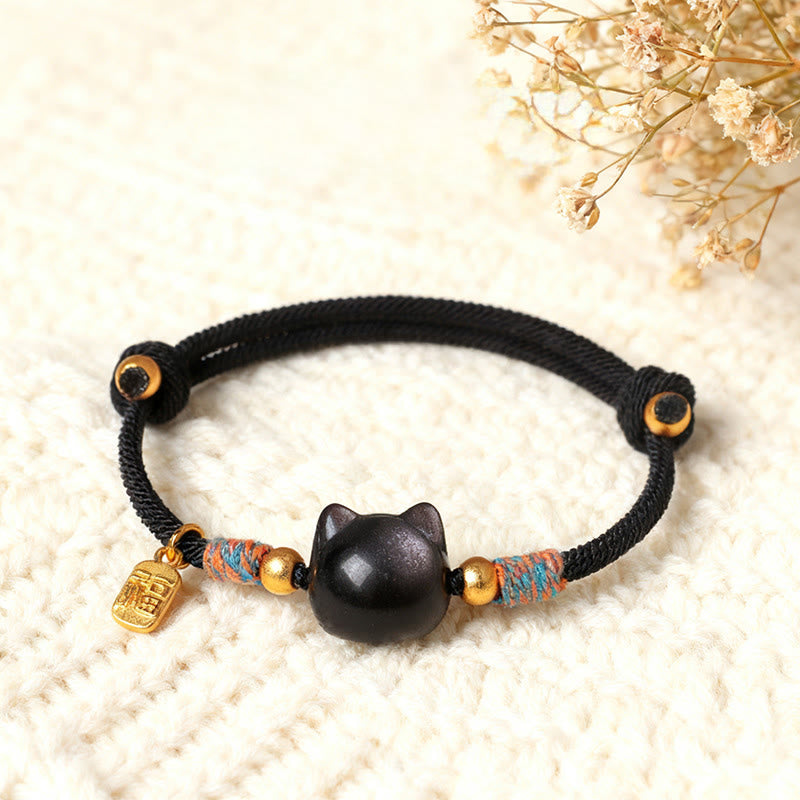 Buddha Stones Armband mit Katzenmotiv, silberglänzendem Obsidian und rosa Kristallen - Silberglänzendes Obsidian-Seil mit schwarzem Rand (Handgelenkumfang: 15-18 cm) - image 0