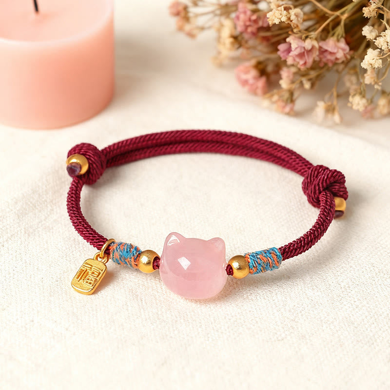Buddha Stones Armband mit Katzenmotiv, silberglänzendem Obsidian und rosa Kristallen - image 14