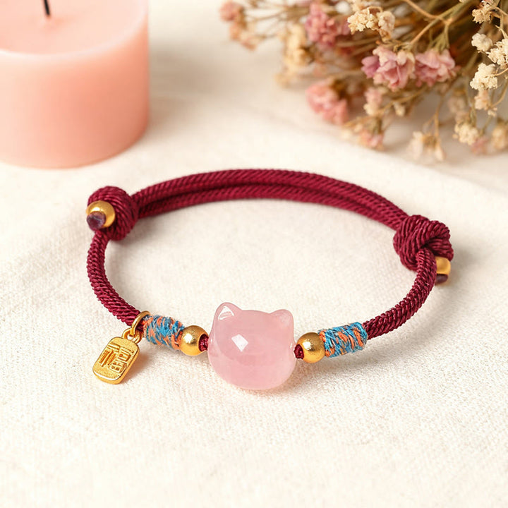 Buddha Stones Armband mit Katzenmotiv, silberglänzendem Obsidian und rosa Kristallen - image 14