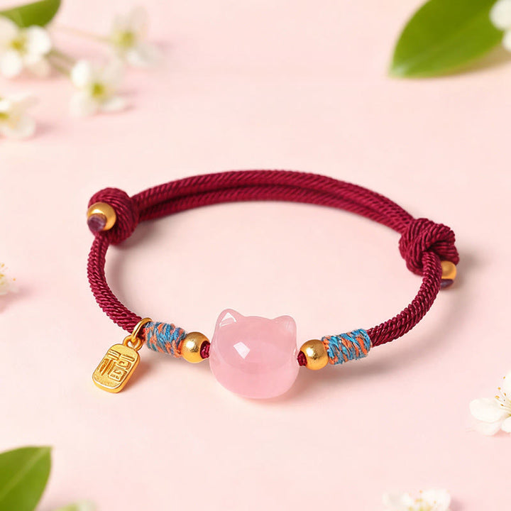 Buddha Stones Armband mit Katzenmotiv, silberglänzendem Obsidian und rosa Kristallen - image 8