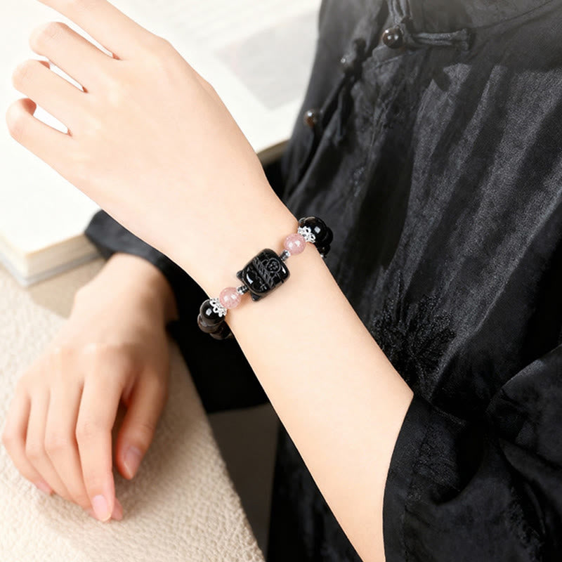 Buddha Stones Katzen-Schutzarmband aus silberglänzendem Obsidian und Erdbeerquarz - image 4