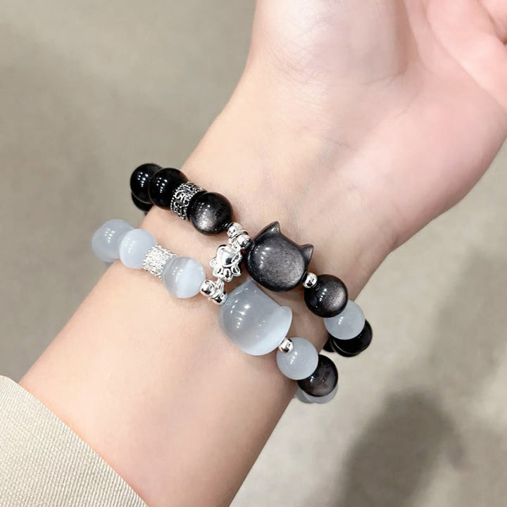 Buddha Stones Katzenkopf-Armband aus weißem Katzenauge mit silbernem Schimmer und Obsidian-Effekt - image 17