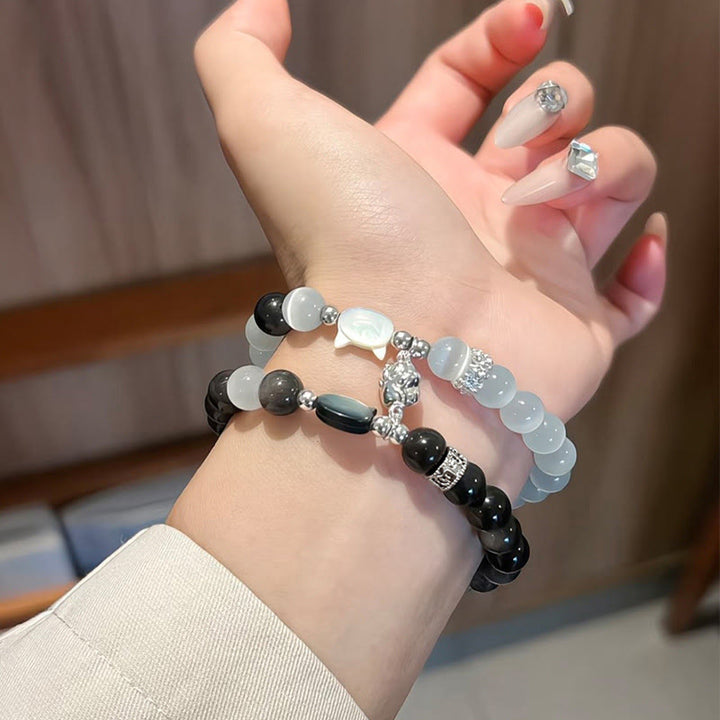 Buddha Stones Katzenkopf-Armband aus weißem Katzenauge mit silbernem Schimmer und Obsidian-Effekt - image 15