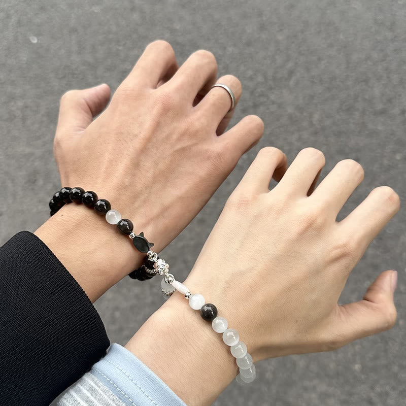 Buddha Stones Katzenkopf-Armband aus weißem Katzenauge mit silbernem Schimmer und Obsidian-Effekt - image 8