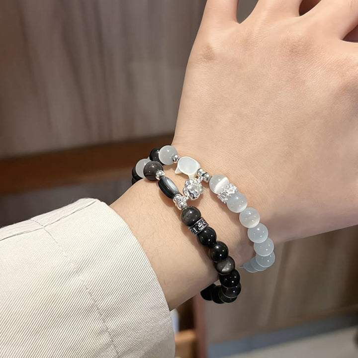 Buddha Stones Katzenkopf-Armband aus weißem Katzenauge mit silbernem Schimmer und Obsidian-Effekt - image 7